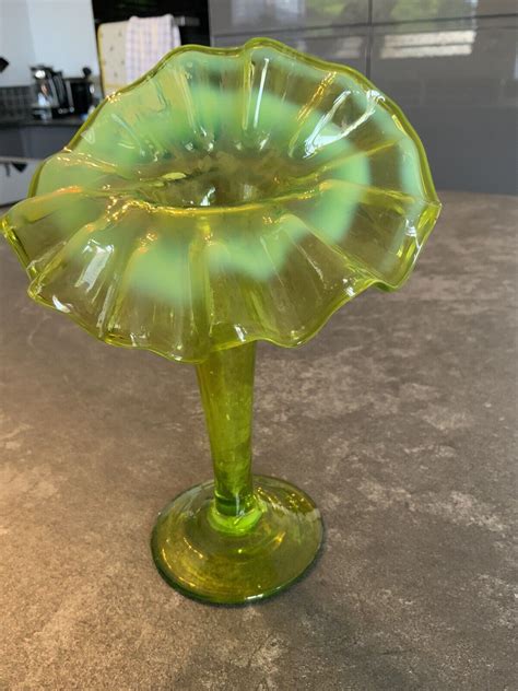 Rare Victorian Jack In The Pulpit Vaseline Glass Vase Ebay