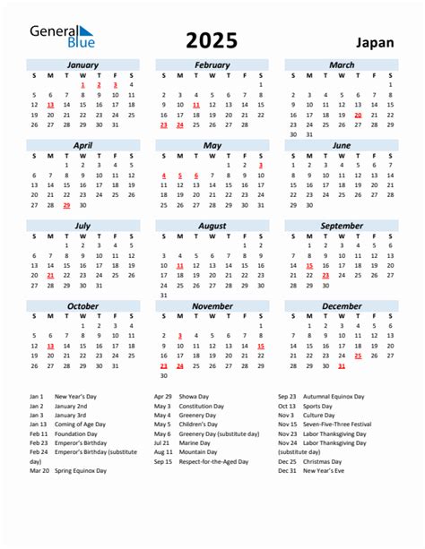 2025 Yearly Calendar For Japan With Holidays