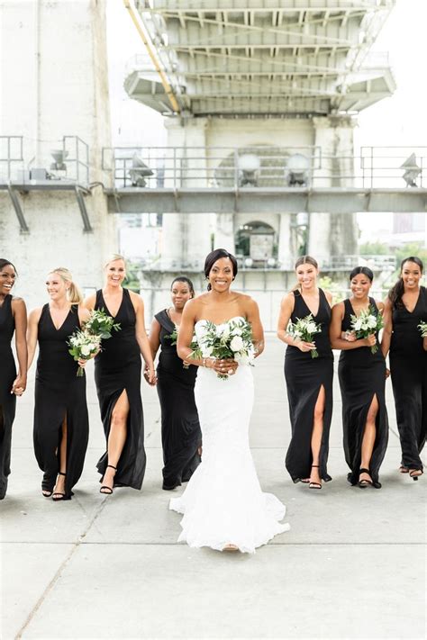 black bridesmaids dresses summer wedding at the bridge building wedding modern black