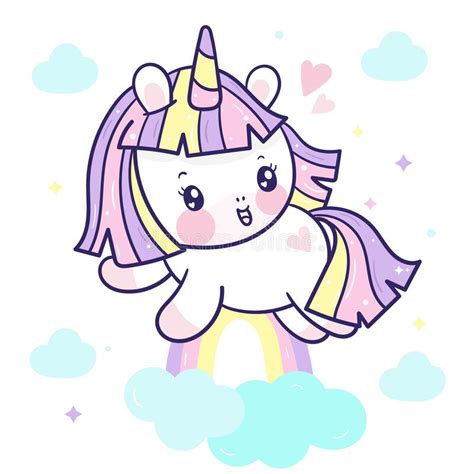 Cute Unicorn Rainbow Cartoon On Cloud Kawaii Vector Pony Child Horse