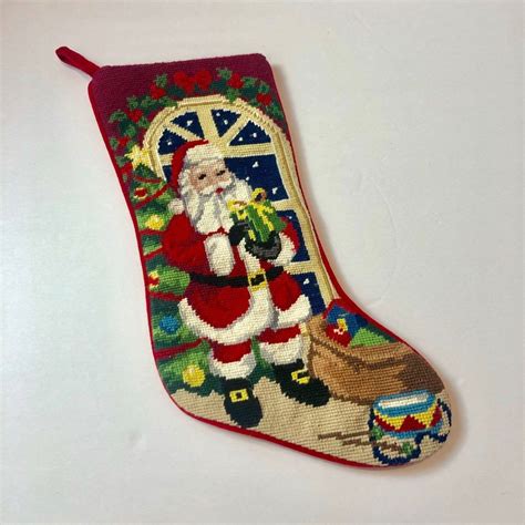 vintage needlepoint christmas stocking vintage santa etsy needlepoint christmas stockings