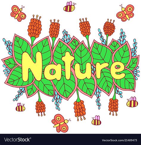 Nature Word Colorful Lettering Art Doodle Vector Image