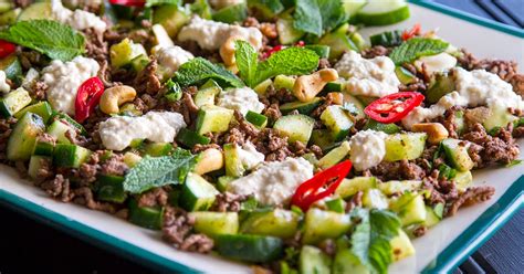 Spicy ground beef lettuce wrap recipe by gordon ramsay. Spicy Beef & Cucumber Salad With Cashew Raita (Paleo ...