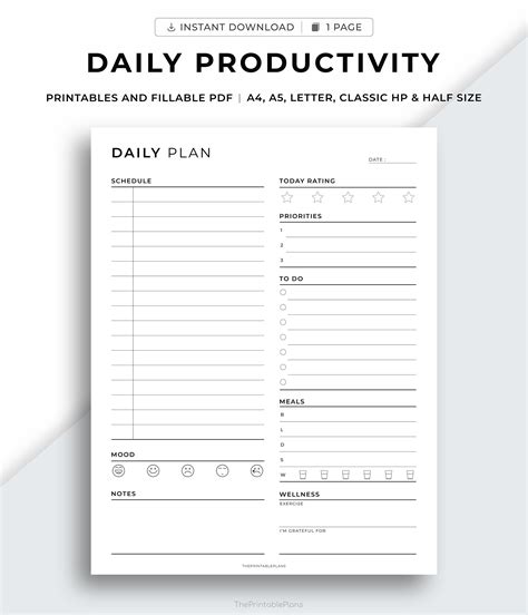 Daily Productivity Planner Printable Daily Planner Daily Schedule