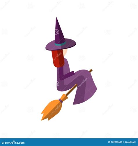 Vector Flat Illustration Of Cute Witch Sitting On A Broom And Flying On A Broom Magical Flat