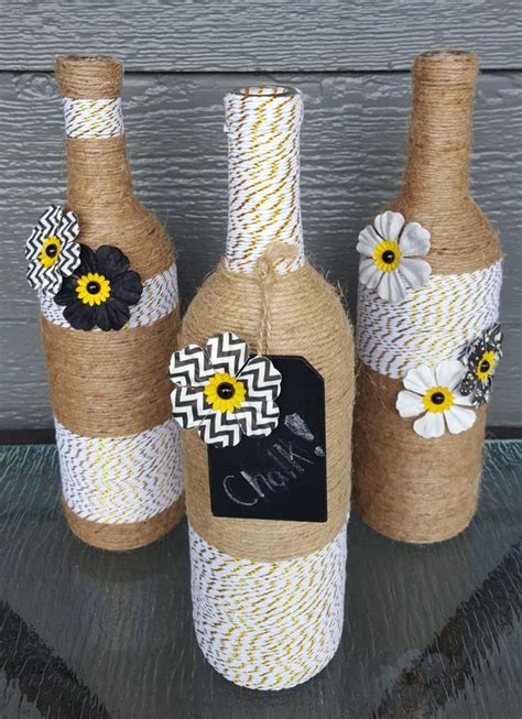 Twine Wrapped Wine Bottle Set Of 3 White Gold And Tan Etsy Wrap