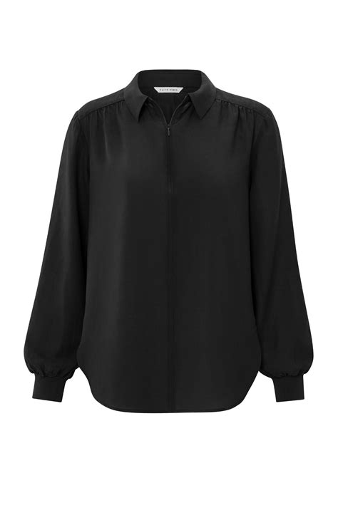 Woven Top With V Neck Long Puff Sleeves And Zip Yaya Eu