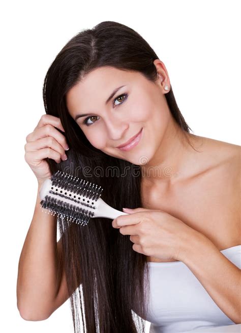 Smiling Woman Brushing Long Brunette Hair Stock Image Image Of
