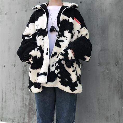 Itgirl Shop Plush Cow Pattern Oversized Zipper Sweatshirt Coats For Women Jackets For Women