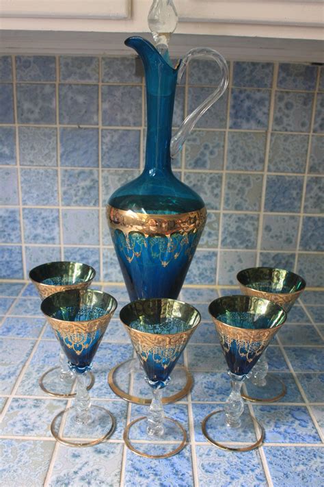 Italian Venetian Murano Blue Wine Glasses Cordial Set With 24 Ct Gold