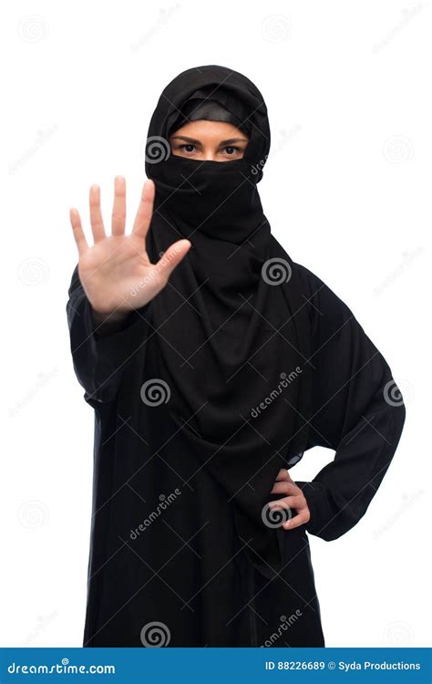 Muslim Woman In Hijab Showing Stop Sign Stock Image Image Of Prohibition Paranja 88226689