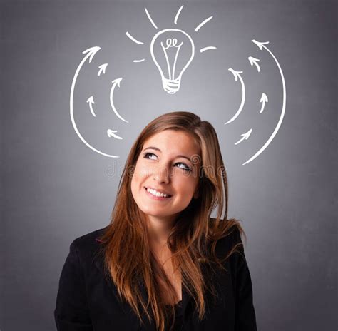 Pretty Lady Thinking With Arrows And Light Bulb Overhead Stock Image