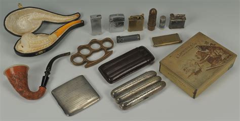 Lot 374 Lot Of Smoking Related Items And Pr Brass Knuckles Case Antiques