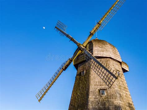 Windmill With Blue Sky With Moon In Background Stock Image Image Of