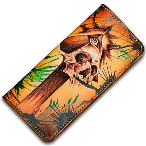 Handmade Leather Men Tooled Skull Cool Leather Wallet Long Phone Walle