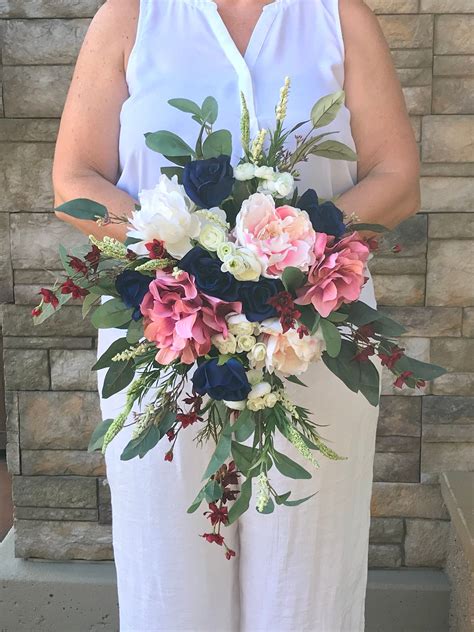 Sn decor fake flowers vintage artificial peony hydrangea silk flowers wedding home. Navy Mauve Blush Burgundy Boho Cascading Bridal Bouquet ...