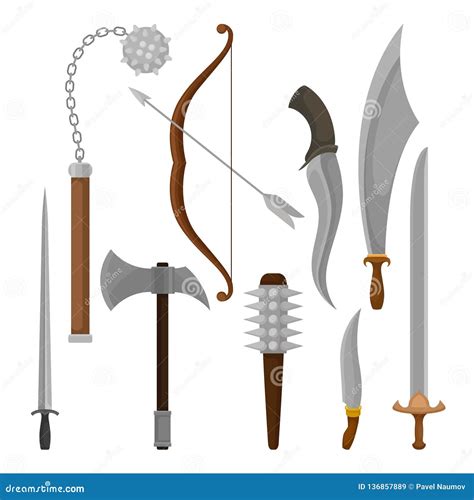 Flat Vector Set Of Medieval Weapon Viking Battle Axe And Maces Bow