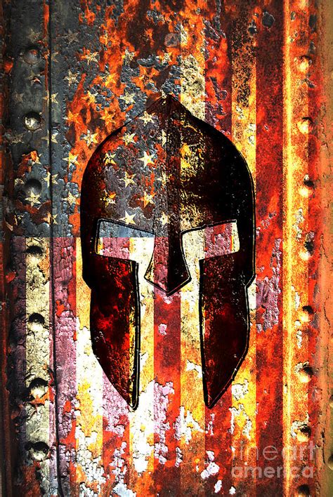 American Flag And Spartan Helmet On Rusted Metal Door
