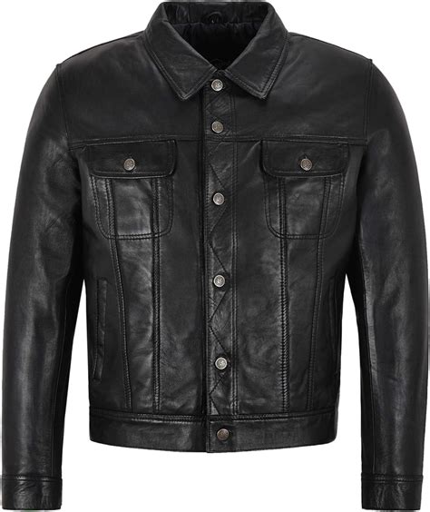 Mens Trucker Leather Jacket Black Real Lambskin Classic Western Style