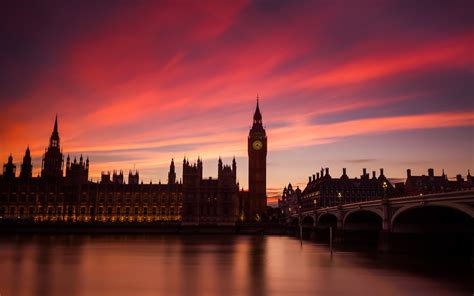 London England Thames River Bridge Houses Lights Sunset Wallpaper
