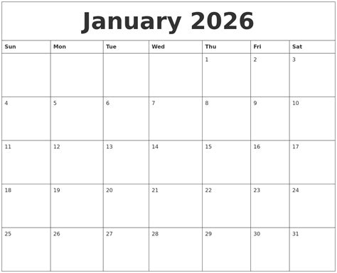 January 2026 Monthly Calendar To Print