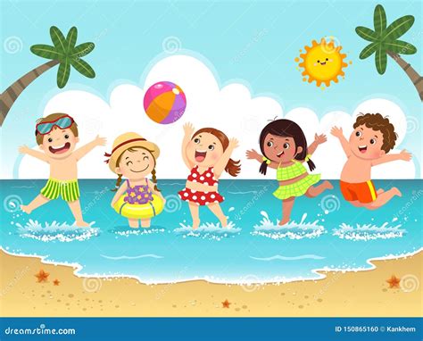 Group Of Happy Kids Having Fun And Splashing On The Beach Stock Vector