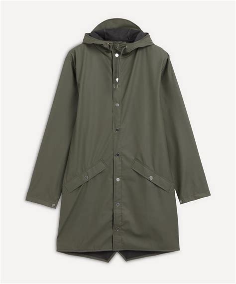 Rains Long Waterproof Jacket In Dark Green Modesens