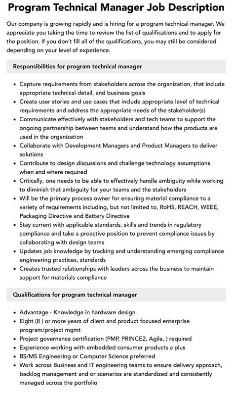 Program Technical Manager Job Description Velvet Jobs