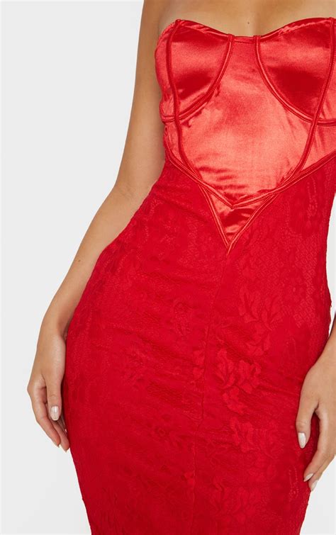 Red Satin Bustier Lace Midi Dress Dresses Prettylittlething Ca