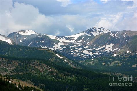 Snow Capped Mountains Above The Tree Line In A Pine Tree Forest In The