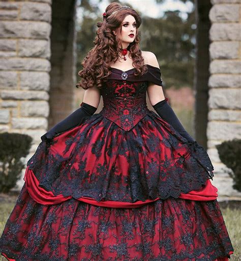 Red And Black Castle Princess Wedding Dress Gothic Vintage Ball Gown