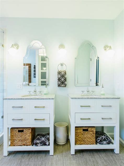 These rooms should be highly functional and pretty. Double Stand-Alone Vanities. Try it with dual wall mounted ...