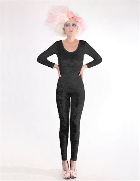 Black Crushed Stretch Velvet Catsuit Jumpsuit Unitard Bodysuit Etsy