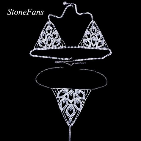 Stonefans Leaf Shape Crystal Body Chain Sexy Bikini Set For Women