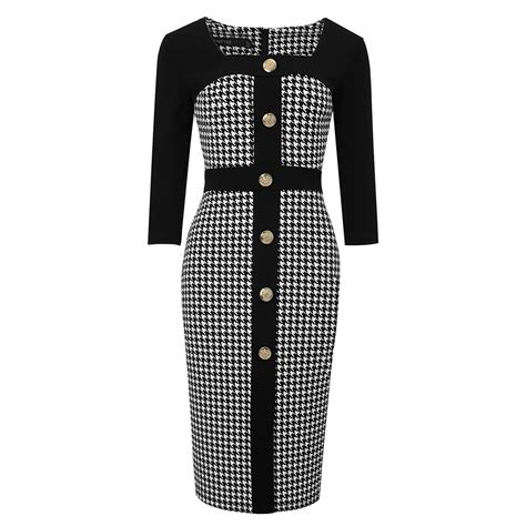 Women Patchwork Button Houndstooth Career Dress The Little Connection