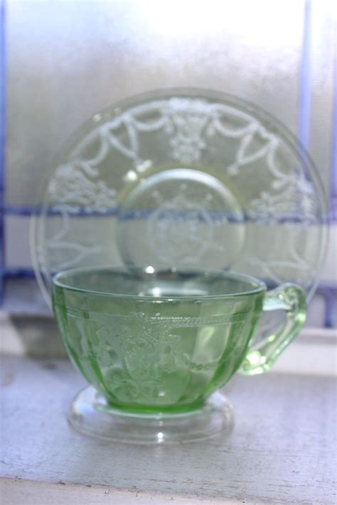 Green Depression Glass Cup Saucer Cameo Ballerina Vintage S