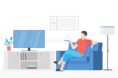 Guy Watching Television Flat Vector Illustration Young Man Sitting On