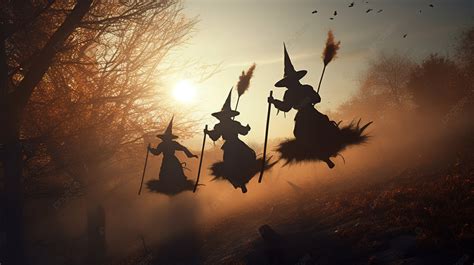Three Witches Flying By On Broomsticks Through A Forest Background