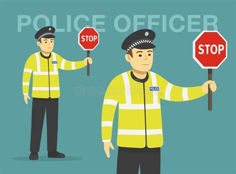 Isolated Traffic Police Officer Holding A Stop Sign Perspective Front
