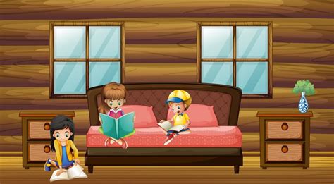 Three Kids Reading Books In Bedroom 419386 Vector Art At Vecteezy
