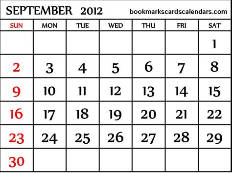 Free Calendars 2015 Bookmarks Cards 2012 September Calendar
