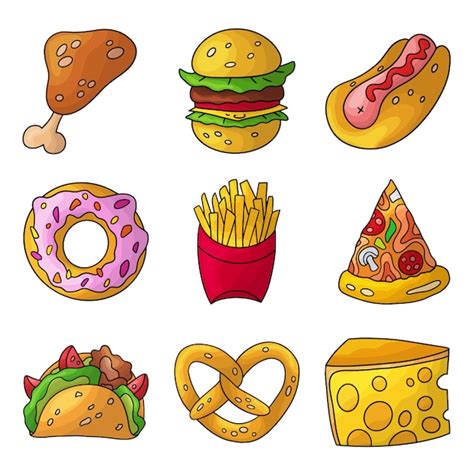 Cartoon Doodle Fast Food Set Premium Vector