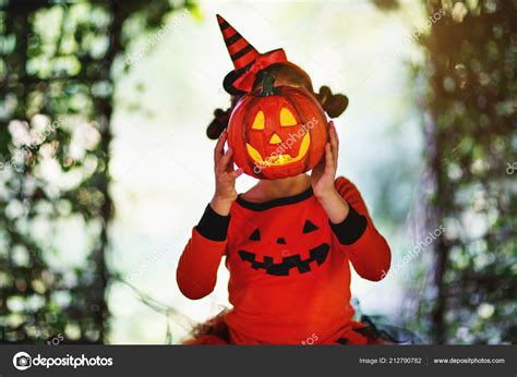 Happy Halloween Horrible Creepy Child Girl Pumpkin Costume Fores Stock
