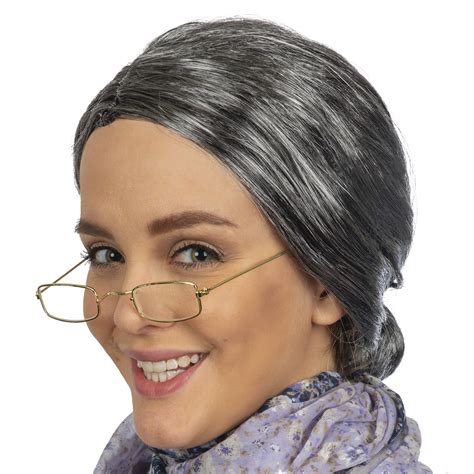 mua skeleteen old lady costume set grey granny wig and fake gold rectangle eyeglasses grandma