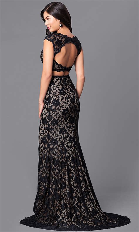 Long Black Lace Two Piece Prom Dress Promgirl