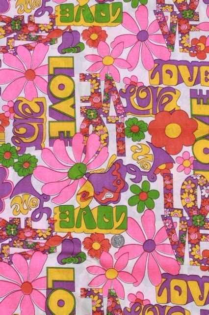 vintage hippie love flower power daisy graffiti print cotton fabric 60s 70s retr hippie