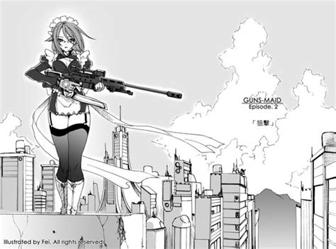 Safebooru 1girl Combat Maid Fei Maidoll Female Glasses Gun Maid Monochrome Original Outdoors