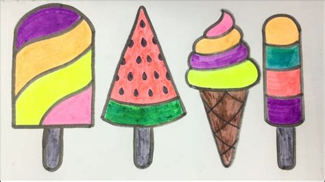 Three Ice Creams And One Watermelon Are Drawn In Colored Pencil On Paper