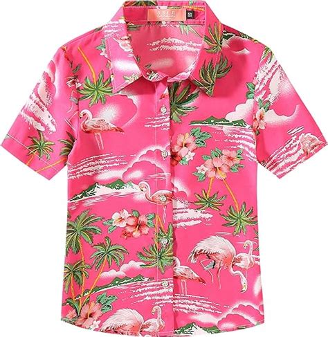 SSLR SSLR Hawaii Hemd für Mädchen flamingos knöpfbar kurzärmelig Rot Medium Blusen