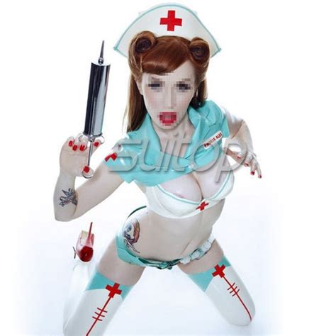suitop women s rubber latex nurse uniform whole set including cap bust stickers tops briefs long